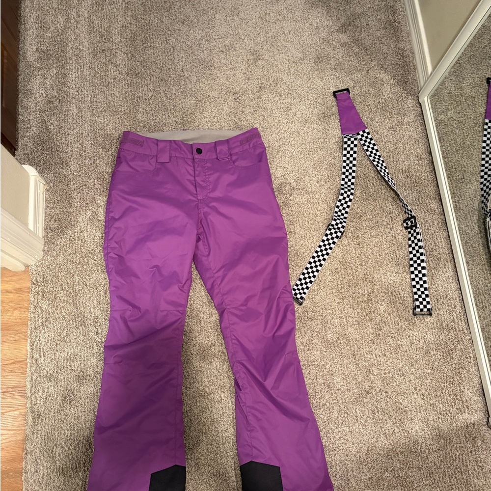 Women's Purple Snowboarding Pants with Checkered Suspenders